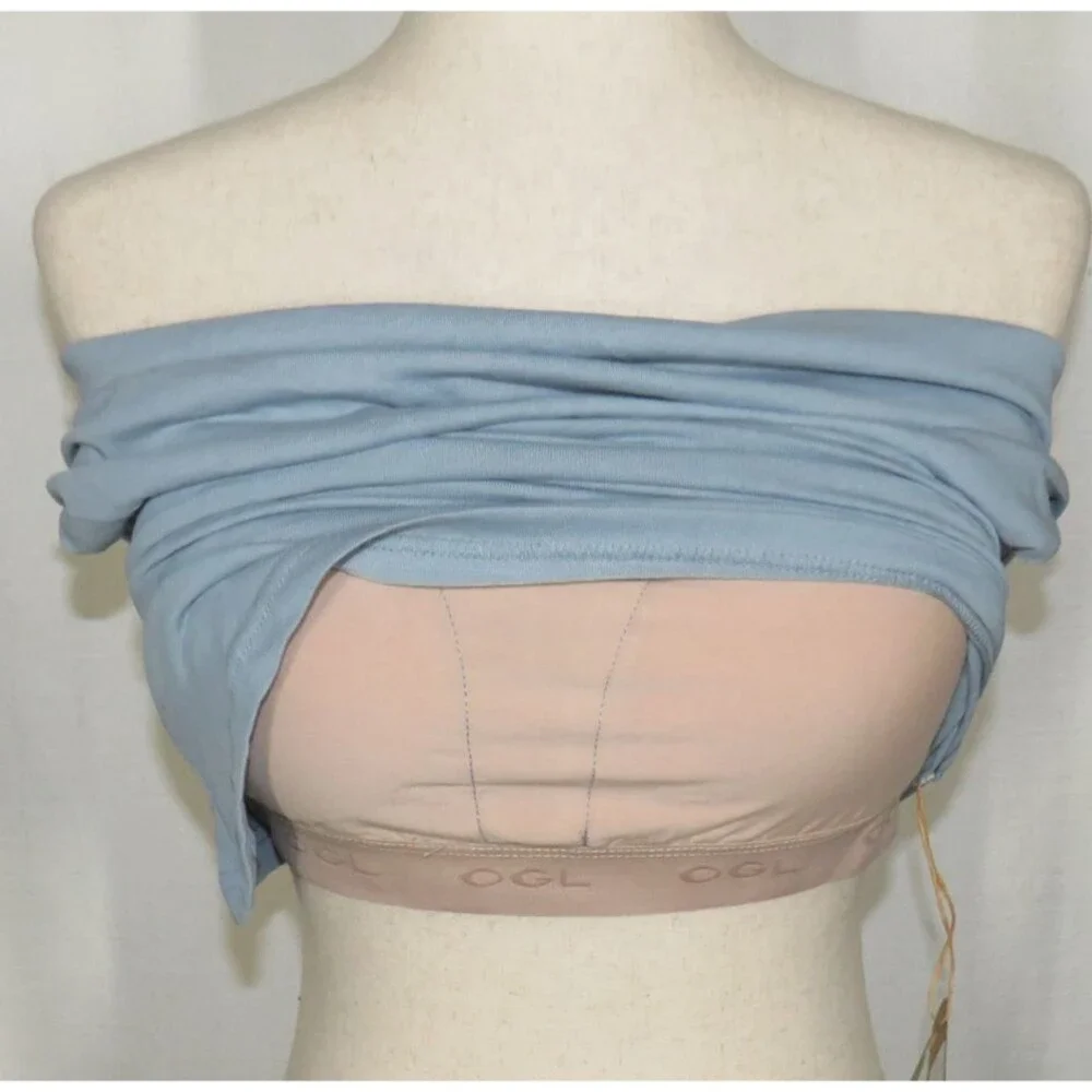 OGL Blue Linen Blend Side Ruched Off Shoulder Asymmetric Hem Brami Top Sz Large - Picture 5 of 12